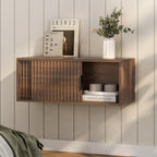 Fluted Floating TV Stand, 30" Multi-Purpose TV Display Shelf Modern Console Entertainment Center Cabinet with Sliding Doors for Bedroom Living Room Entryway, Brown