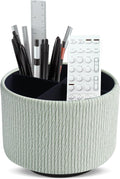 Round Leather Art Supply Organizer,Remote Control Holder,360 Degree Spinning,Multi-Functional Pencil Holder,4 Compartments Desktop Stationary Organizer(1-Wood Green2)
