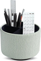 Round Leather Art Supply Organizer,Remote Control Holder,360 Degree Spinning,Multi-Functional Pencil Holder,4 Compartments Desktop Stationary Organizer(1-Wood Green2)