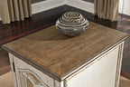 Signature Design by Ashley Realyn Farmhouse Chair Side End Table with Cabinet For Storage, Antique White & Brown