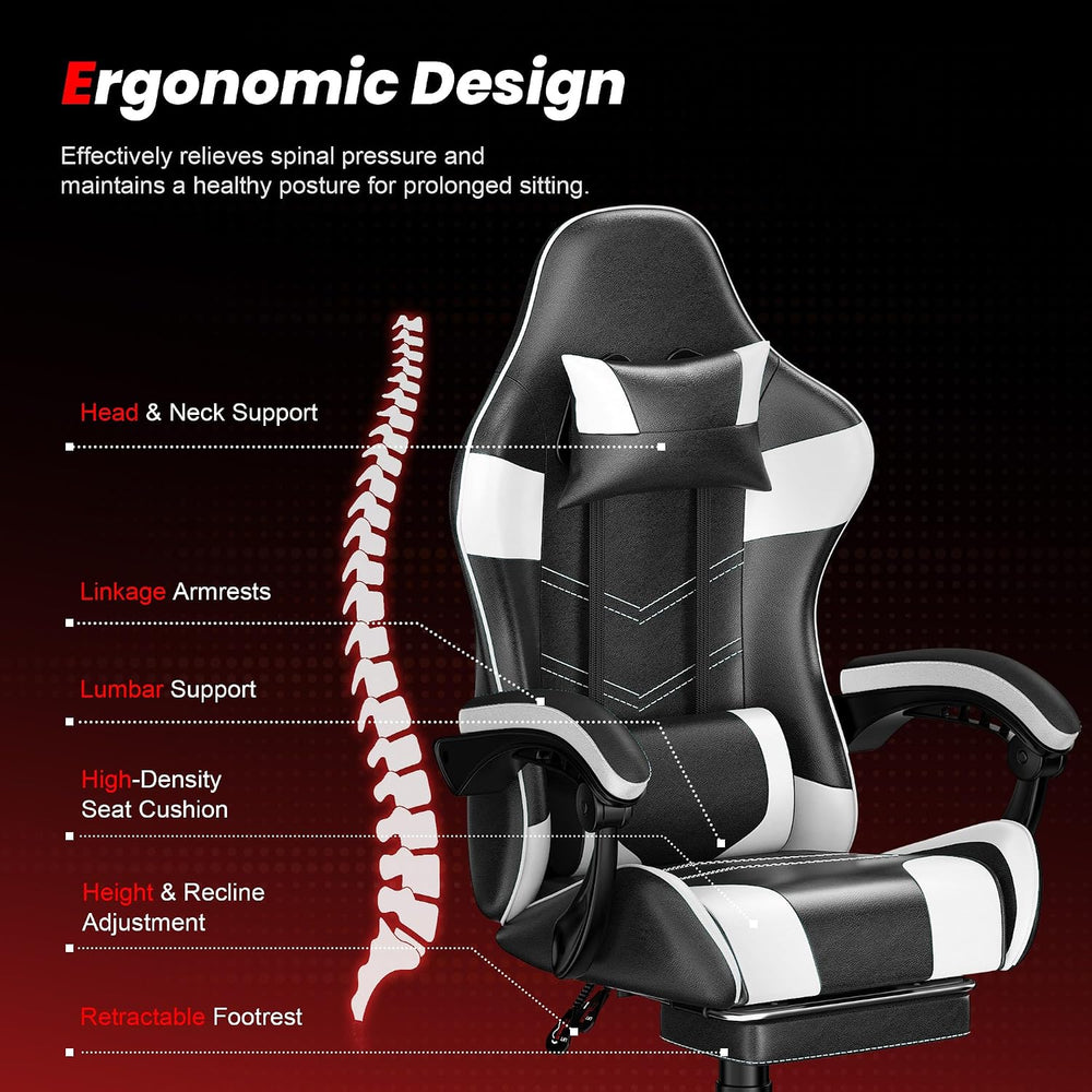 Gaming Chair with Footrest, Ergonomic Video Game Chair for Adults, White | PU...