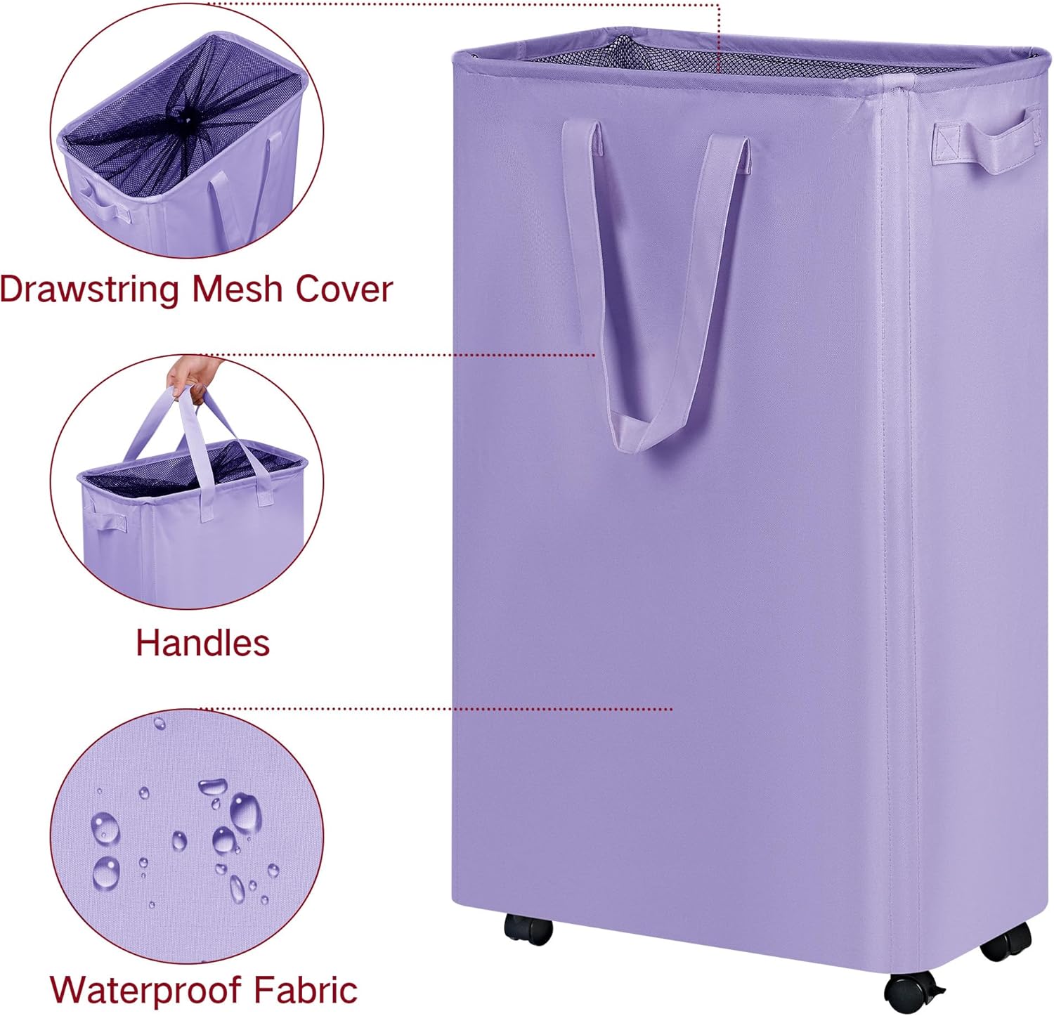 efluky Slim Laundry Hamper with Wheels, Rolling Laundry Basket for Clothes, Small Laundry Basket for Bedroom, Dorm and Laundry Room, 75L (19.8 Gallons) Purple
