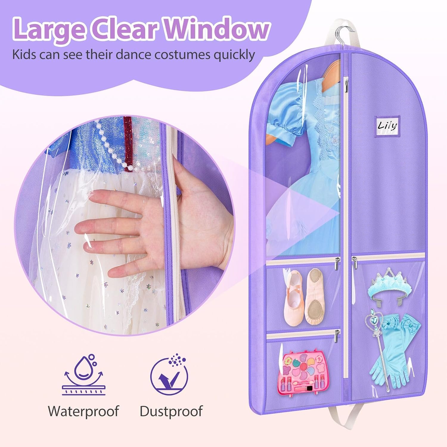 MISSLO Dance Garment Bags for Dancers 40" Garment Bags for Dance Costumes with 3 Pockets Cheer Uniform Garment Bag Hanging Kids Garment Bags for Competition, Travel, 3 Packs, Purple