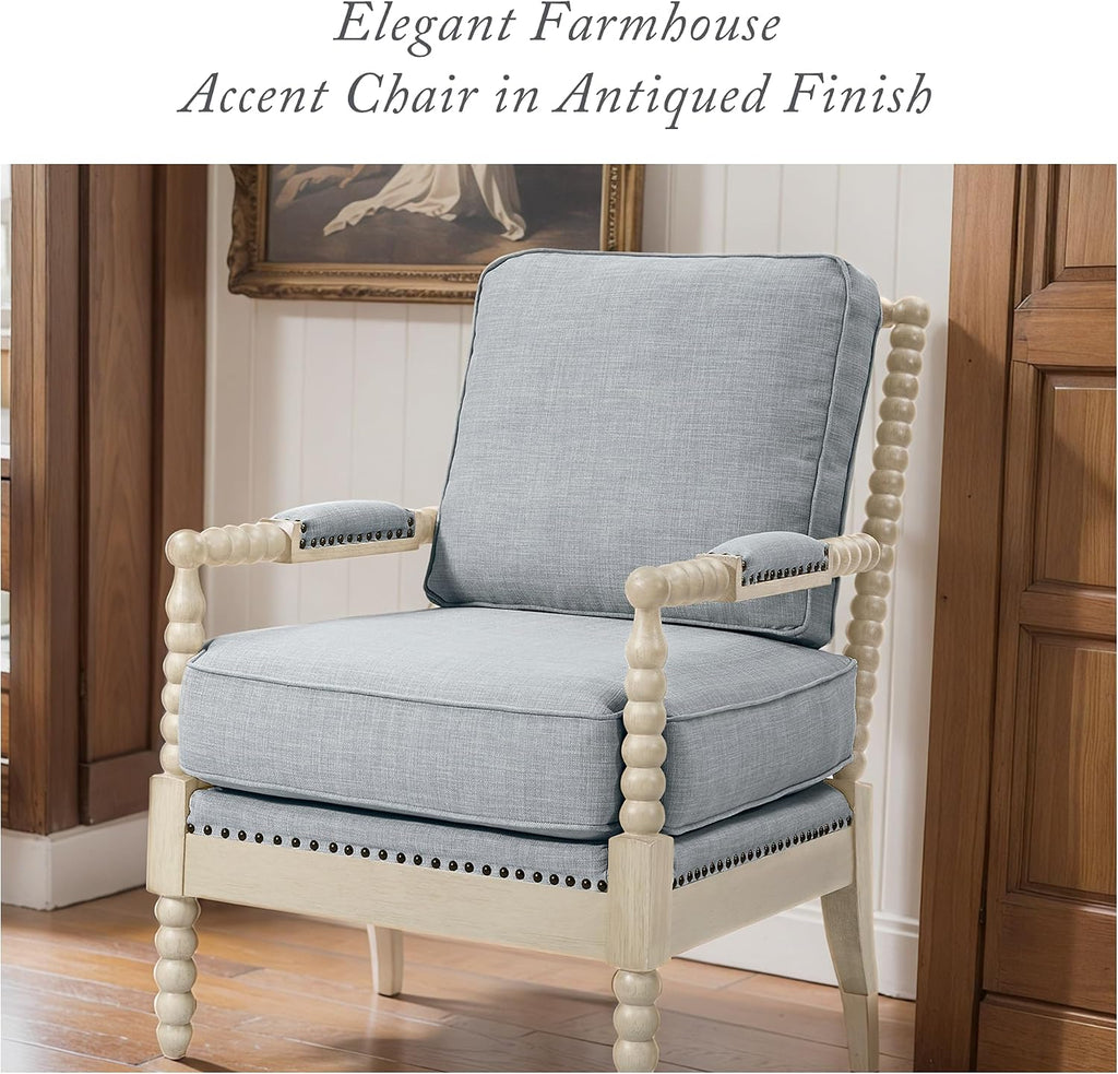 Madison Park Accent Chairs for Living Room Farmhouse Modern Armchair, Solid Wood, Antiqued Finish, Upholstered Seat Removable, Bedroom Lounge for Reading, 25.5" W, Light Blue/Antique Cream