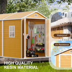 8x6 FT Resin Storage Shed, Waterproof Outdoor Shed w/Floor Included, 2 Windows, Double Lockable Doors & Vents,Outside Plastic Tool Sheds for Garden, Lawn, Backyard, Wood-Grain Brown