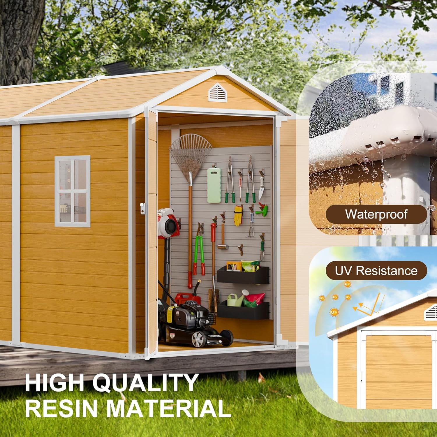 8x6 FT Resin Storage Shed, Waterproof Outdoor Shed w/Floor Included, 2 Windows, Double Lockable Doors & Vents,Outside Plastic Tool Sheds for Garden, Lawn, Backyard, Wood-Grain Brown