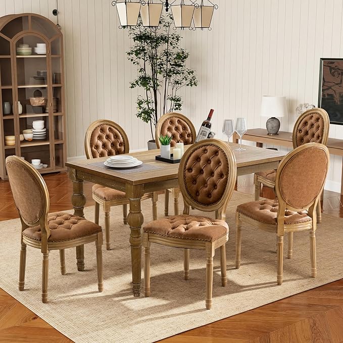 French Country Dining Chairs Set of 6,Farmhouse Upholstered Dining Room Chairs with Tufted Round Back&Solid Leg,PU Leather Kitchen Side Chairs for Kitchen/Bedroom/Dining Room,Tan