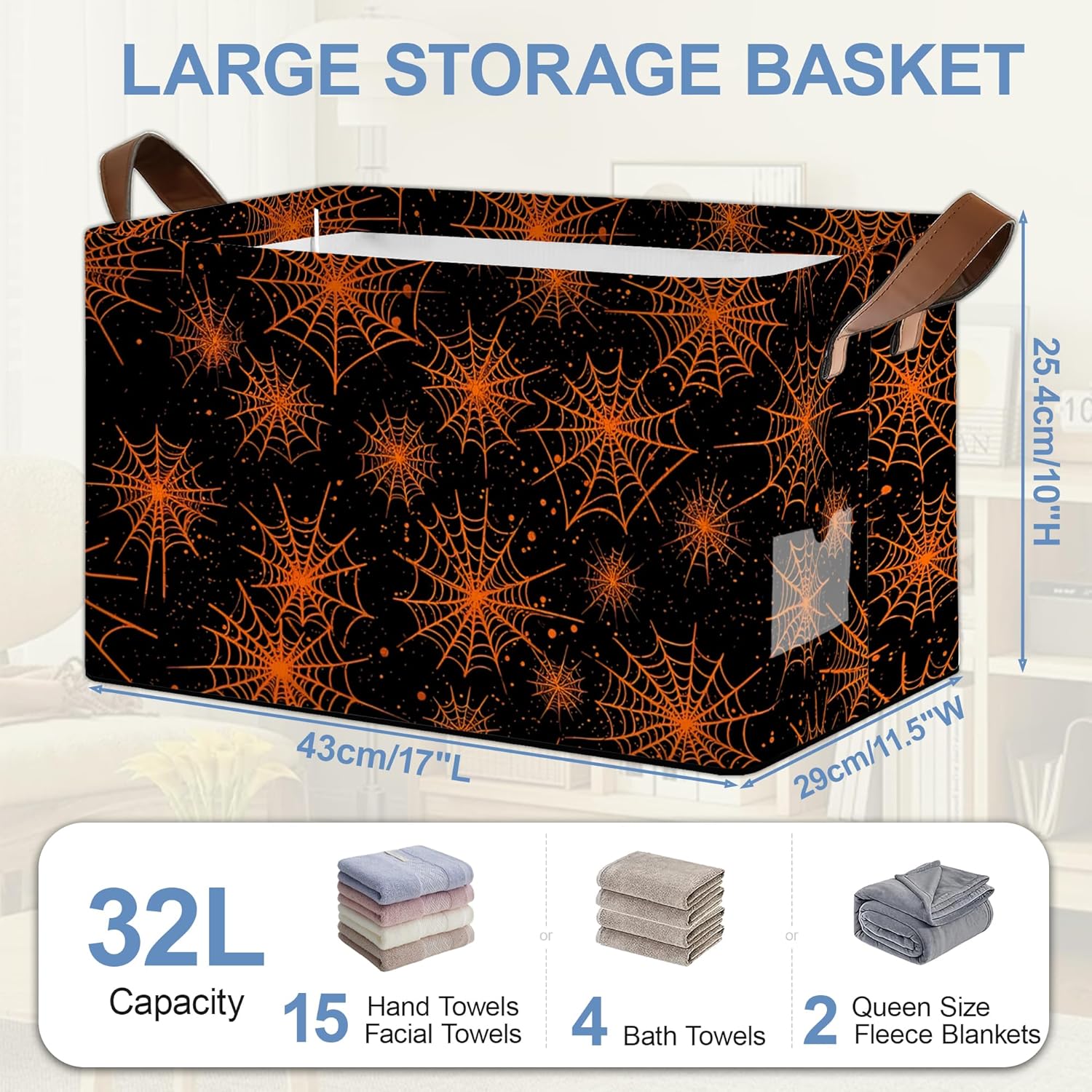 Halloween Storage Basket,Spider Web Collapsible Storage Bin Cubes for Living Room Bedroom Blankets Home Storage 17x11.5x10Inch
