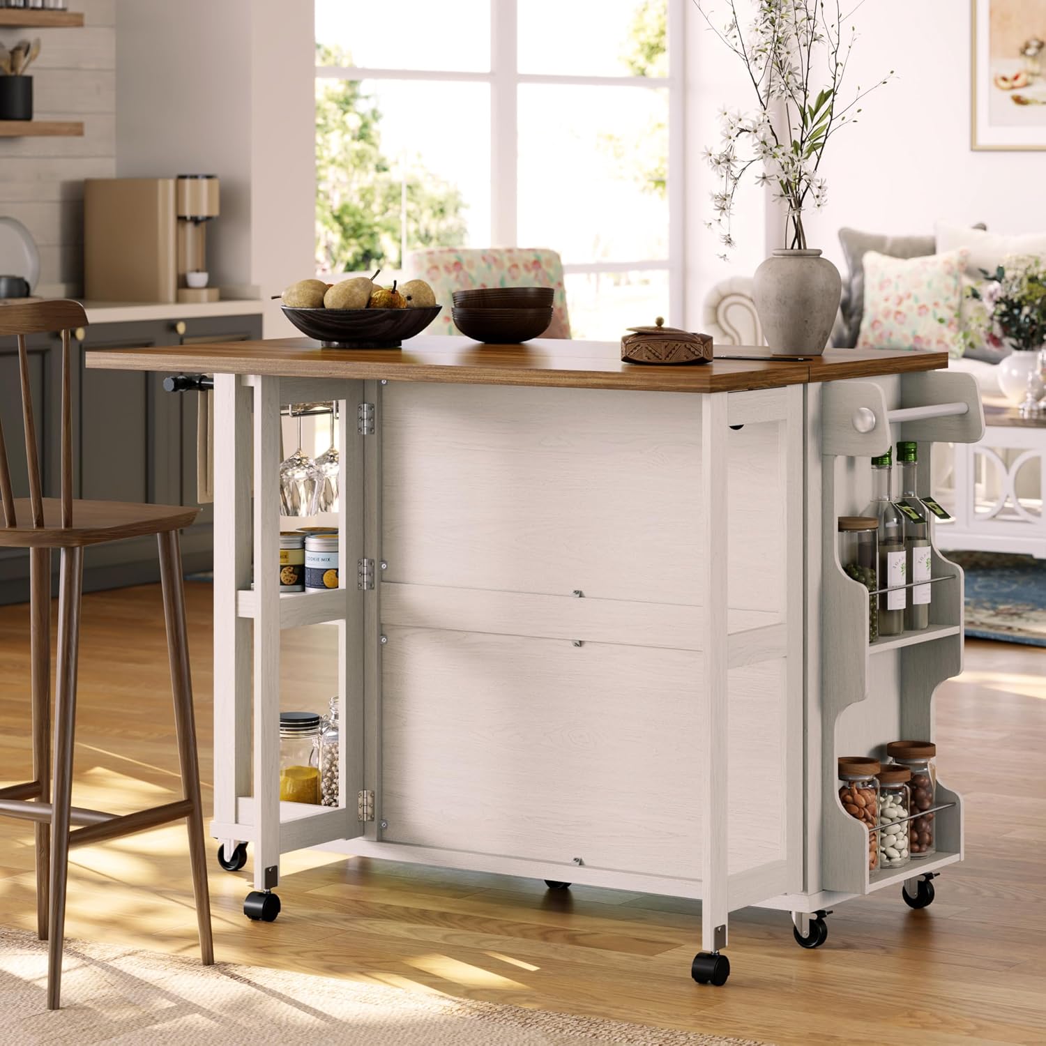Kitchen Island with Storage Drawers & Charging Station & Drop Leaf | Rolling Kitchen Island Table on Wheels, Mobile Island Cart with Pull-Out Shelf, Spice Rack, for Dining Room (White)