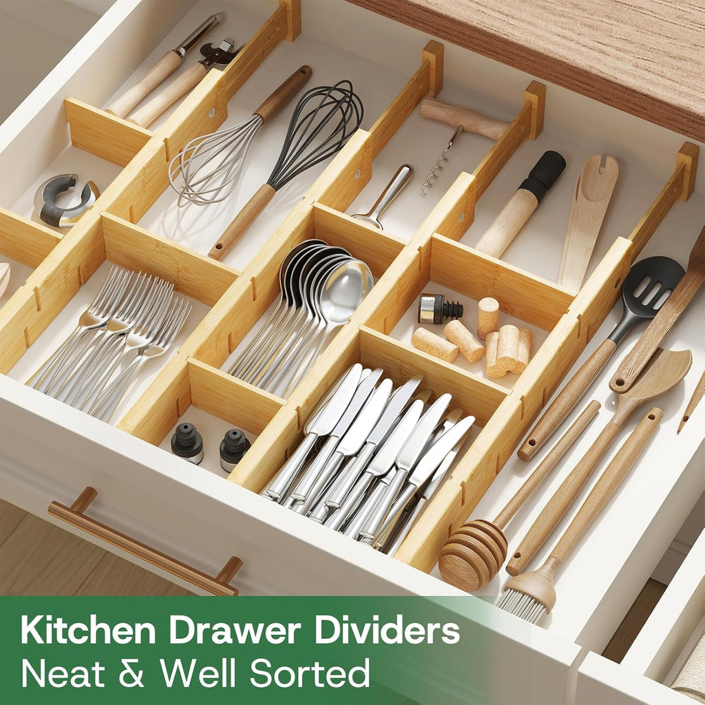 kiplant Kitchen Drawer Dividers - Adjustable Drawer Organizer for Clothes, Kitchen, Closet & Office - 4 Pack with Inserts, 18-22.6 Inches, Non-Slip Silicone Ends