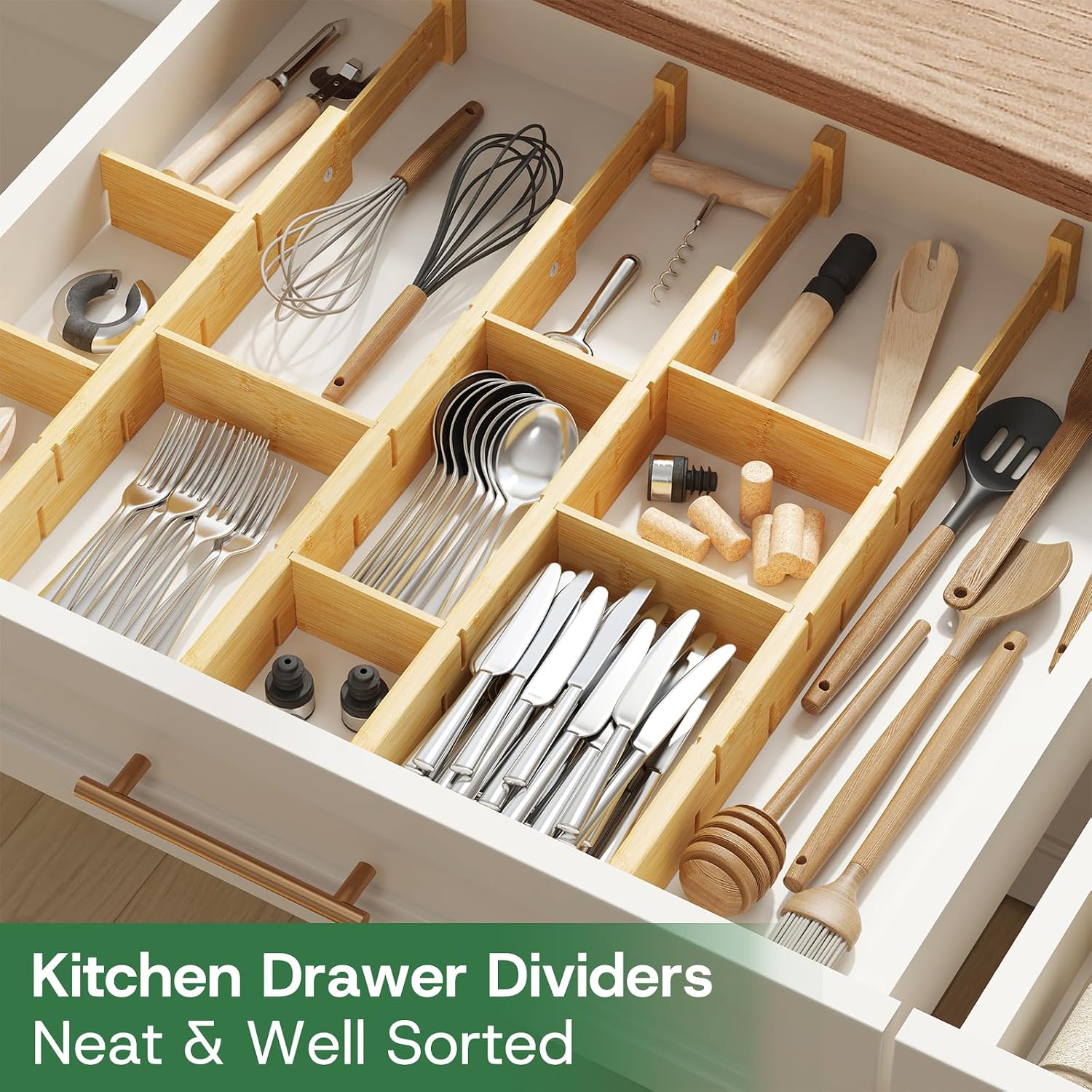 kiplant Kitchen Drawer Dividers - Adjustable Drawer Organizer for Clothes, Kitchen, Closet & Office - 4 Pack with Inserts, 18-22.6 Inches, Non-Slip Silicone Ends
