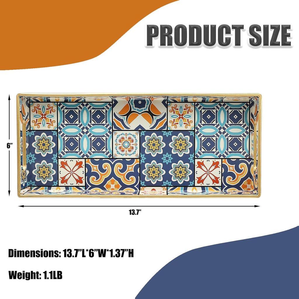 Bathroom Vanity Tray for Countertop, Small Plastic Toilet Tank Tray Versatile Storage & Organization Tray for Makeup, Perfume, Desk, Kitchen, Candles, 13.7"x6"x1.4", 35Boho2