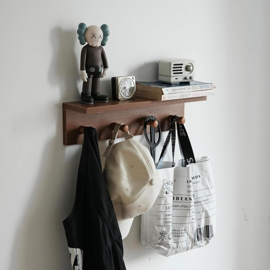 Entrance Coat Rack ，Coat Hooks, Wall-Mounted Wooden Hook Rack, Wall-Mounted Shelves are Very Suitable (Teak Colored Veneer)