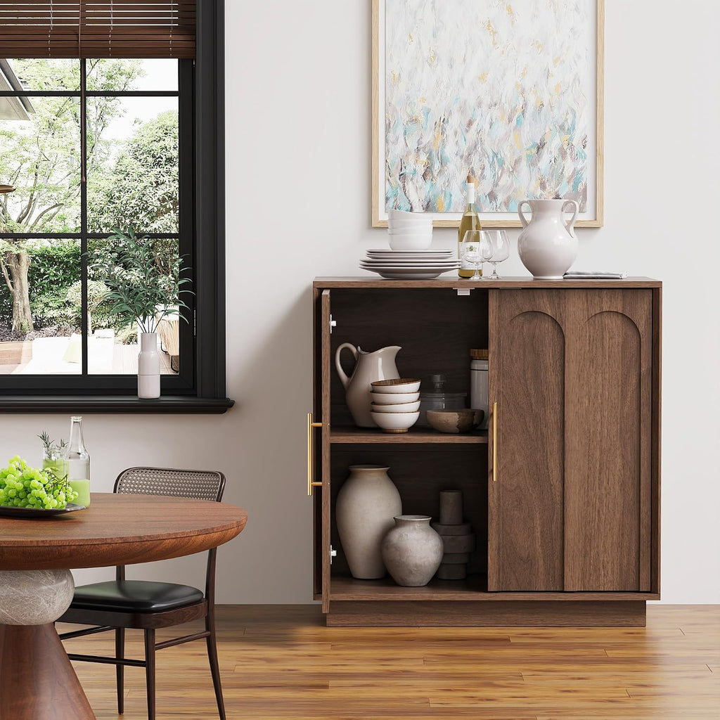 FORTUNETEC 31.5" Sideboard Buffet Cabinet with Storage, Walnut, 3pcs | Wood Modular Media Console, Mid Century Modern Credenza with Arched Doors for Living Room Kitchen Dining Room Entryway