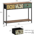Tohomeor Entryway Console Table with 3 Retro Flowers Fabric Drawers Boho Narrow Long Behind Couch Sofa Table with Bottom Open Storage Shelf for Hallway Living Room Foyer (Rustic Brown, 3 Drawers)