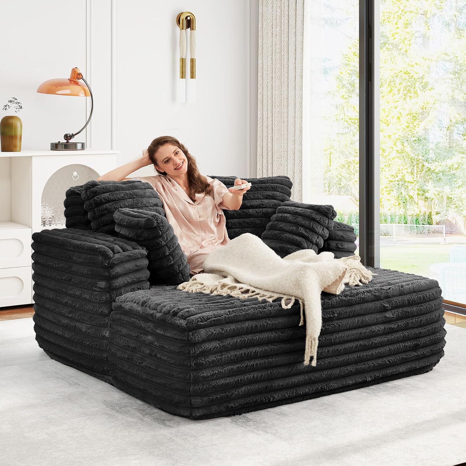 56" Oversized Chaise Lounge Chair Indoor,Plush Faux Fur Sleeper Sofa Couch Bed with Pillows&Wide Armrests,Fluffy Comfy Cloud Couch,Compression Foam Couch for Living Room,Bedroom(Black)