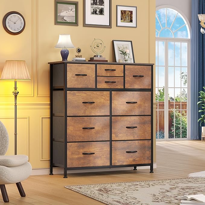 DWVO Dresser with 10 Drawers - Fabric Storage Tower, Organizer Unit for Living Room, Hallway - Sturdy Steel Frame, Wooden Top & Easy Pull Fabric Bins