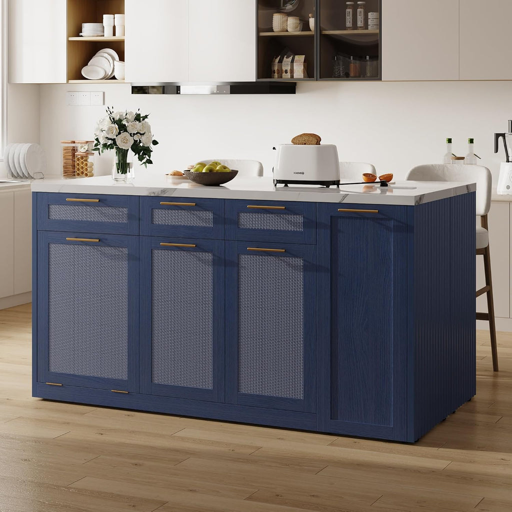 LIKIMIO 59" Kitchen Island with Power Outlet & Hidden Trash can Storage, Faux Marble Island Table with Seating Area, 3-Tier Spice Rack, 3 Drawers, 2-Tier Cabinet, Rolling Kitchen Cart on Wheels, Blue