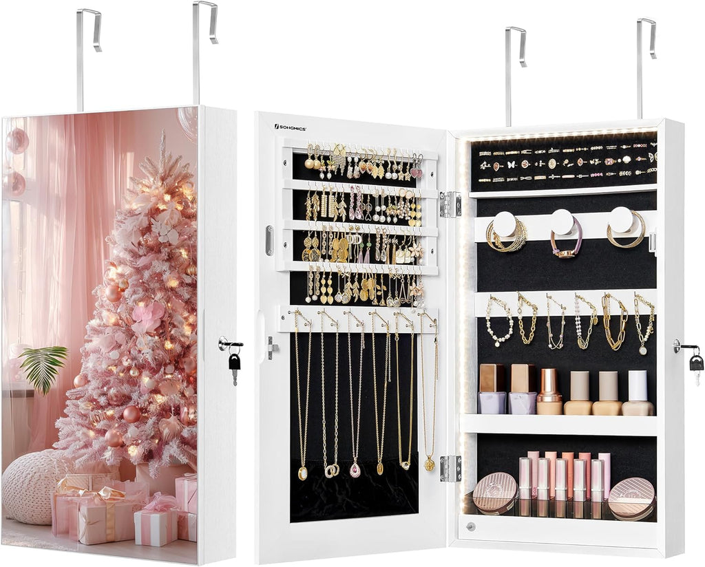 SONGMICS Mirror Jewelry Cabinet Armoire with Built-in LED Lights, Wall or Door Mounted Jewelry Storage Organizer, 3.8 x 14.6 x 26.4 Inches Hanging Mirror Cabinet, Christmas Gift Idea, White UJJC050W01