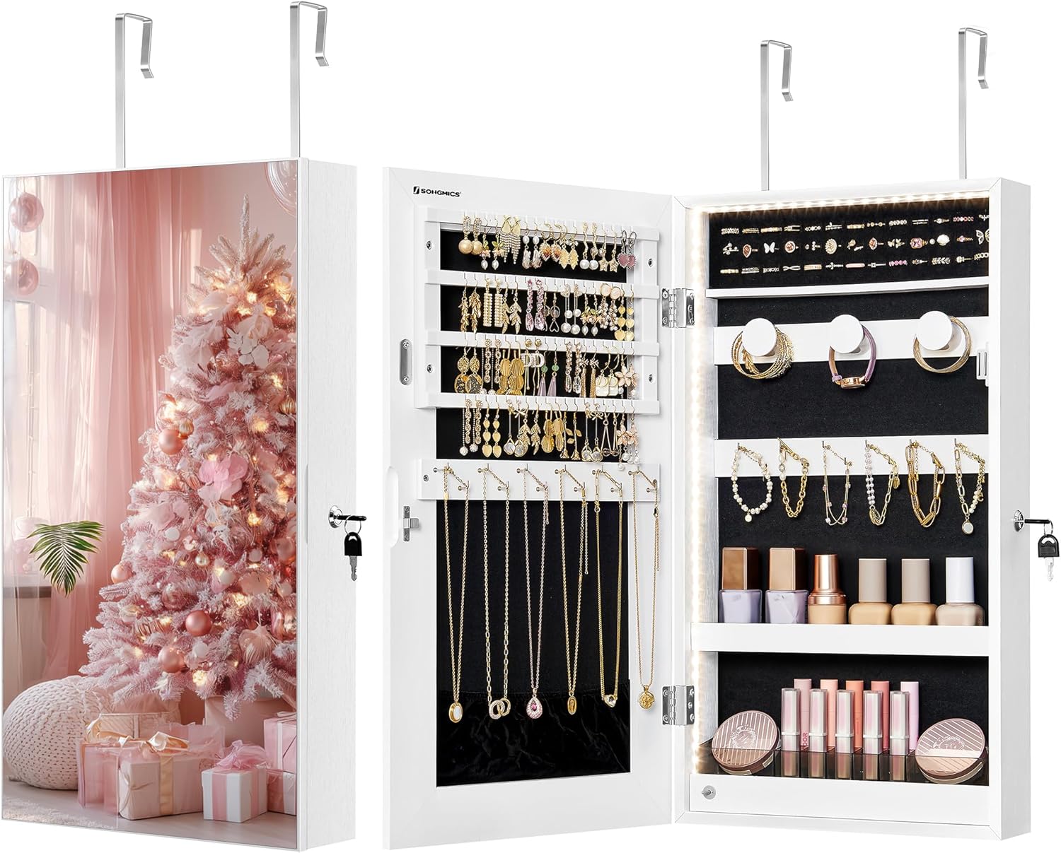 SONGMICS Mirror Jewelry Cabinet Armoire with Built-in LED Lights, Wall or Door Mounted Jewelry Storage Organizer, 3.8 x 14.6 x 26.4 Inches Hanging Mirror Cabinet, Christmas Gift Idea, White UJJC050W01