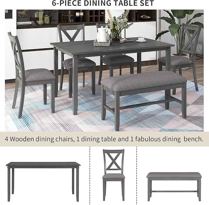 SogesPower 6-Piece Kitchen Dining Table Set for 4-6,Rectangular Dining Table with 4 Fabric Chairs & 1 Bench for Dining Room Living Room,Gray