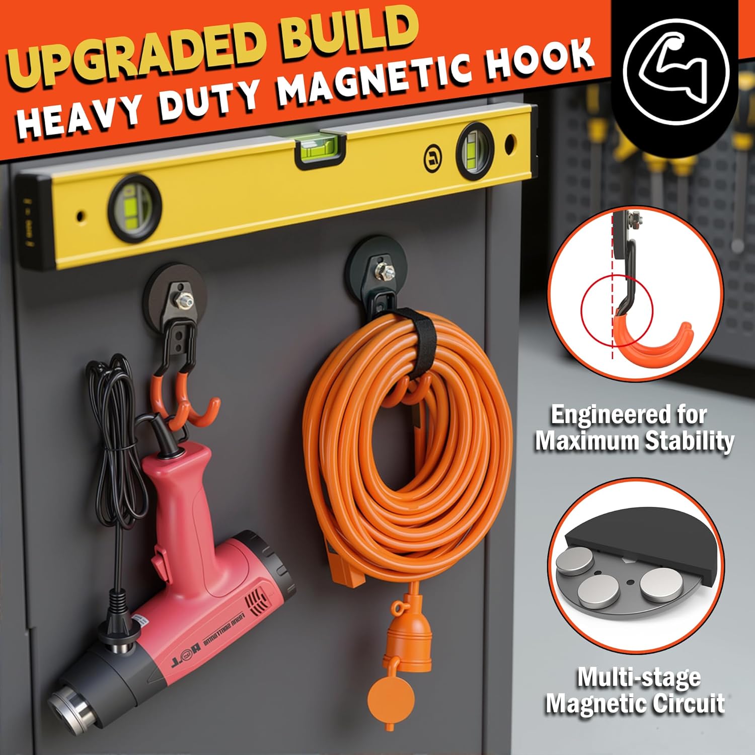 ULIBERMAGNET New Updated Garage Strong Magnetic Hooks, 2 Pack Heavy Duty Large J Hooks with Magnet, Anti-Slip Coating Magnet Hooks for Garden Tools, Ropes,Drill