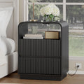 Black Nightstand with Charging Station, Mid Century Modern Bedside Table & End Table, Fluted Wood Small Night Stand with 2 Hidden Drawers and Storage Shelf for Bedroom