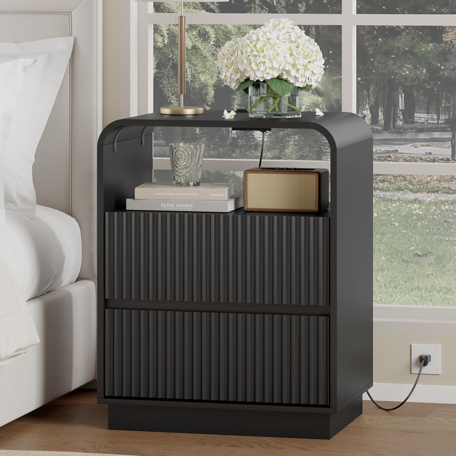Black Nightstand with Charging Station, Mid Century Modern Bedside Table & End Table, Fluted Wood Small Night Stand with 2 Hidden Drawers and Storage Shelf for Bedroom