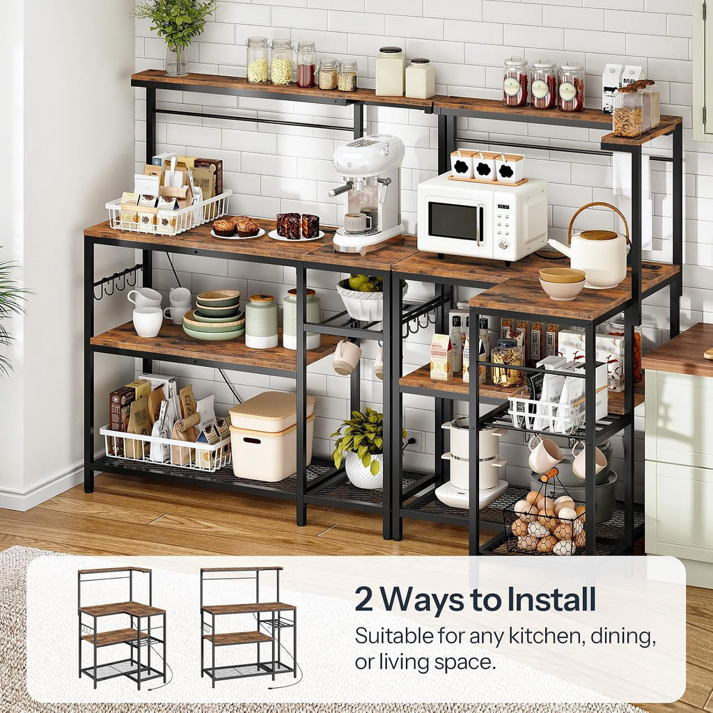 HOOBRO L-Shaped Bakers Rack with Power Outlet, 4-Tier Corner Microwave Stand with Storage, Coffee Bar Station with 8 Hooks, Kitchen Shelf Rack, 2 Installation Methods, Rustic Brown and Black BF20UHB01