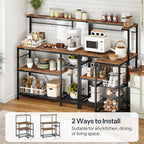 HOOBRO L-Shaped Bakers Rack with Power Outlet, 4-Tier Corner Microwave Stand with Storage, Coffee Bar Station with 8 Hooks, Kitchen Shelf Rack, 2 Installation Methods, Rustic Brown and Black BF20UHB01