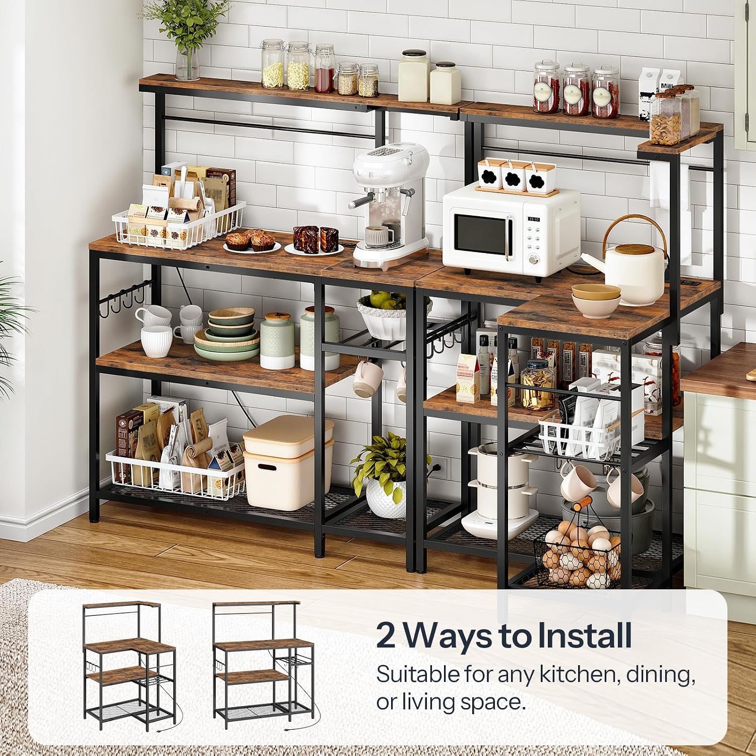 HOOBRO L-Shaped Bakers Rack with Power Outlet, 4-Tier Corner Microwave Stand with Storage, Coffee Bar Station with 8 Hooks, Kitchen Shelf Rack, 2 Installation Methods, Rustic Brown and Black BF20UHB01