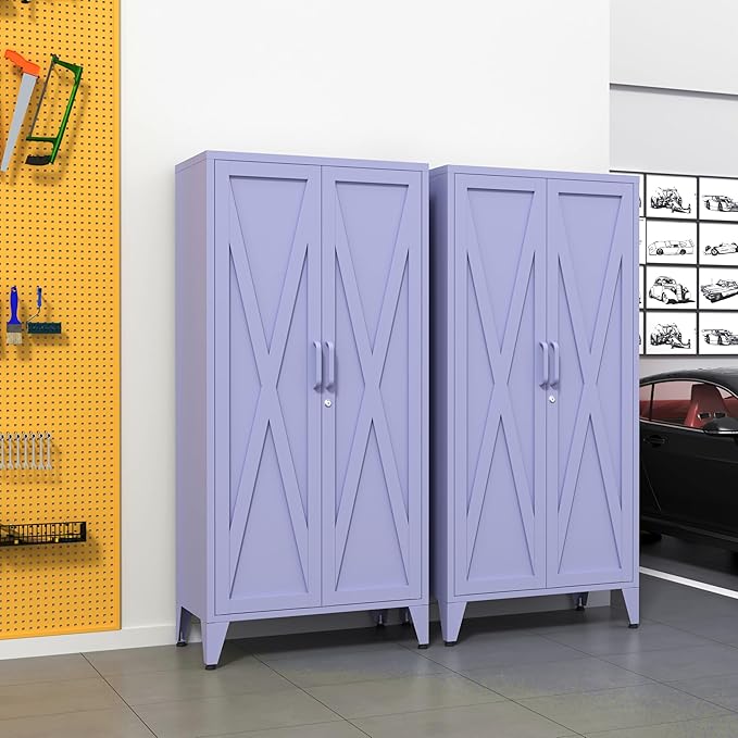 Heavy Duty 61" Lockable Pantry Cabinet, 2-Door 4-Tier Storage Cabinet with 3 Adjustable Shelves, Purple Metal Kitchen Cabinet for Kitchen, Living Room, School Tool Storage, 61"H X 27.6"W X 13.8"D
