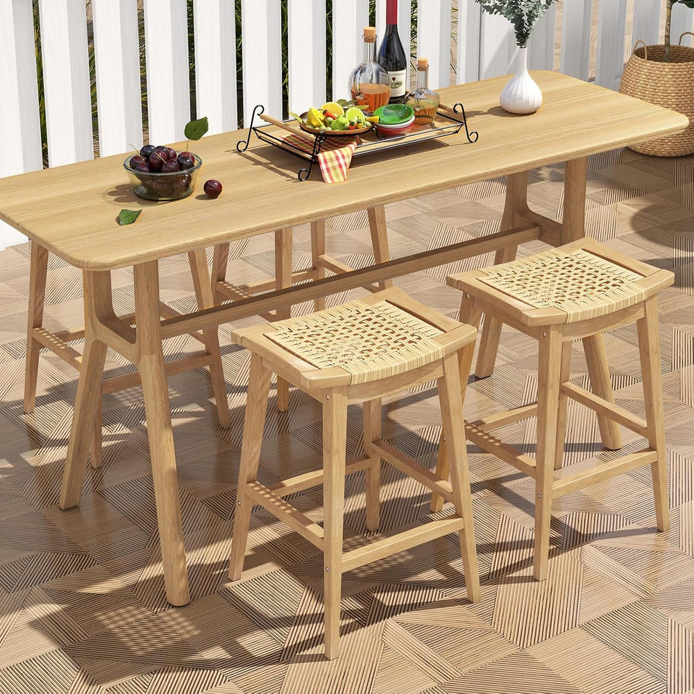 Tangkula Wood Bar Stool Set of 2, 29” Patio Rattan Acacia Barstool with Footr...