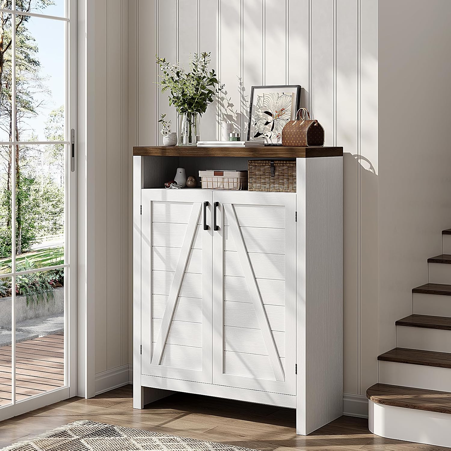 6-Tier Shoe Cabinet with Doors,Farmhouse Shoe Storage Cabinet,White | Narrow Shoe Cabinet with Adjustable Shelves, Large Capacity Wooden Shoe Rack Organizer for Entryway, Hallway, Living Room
