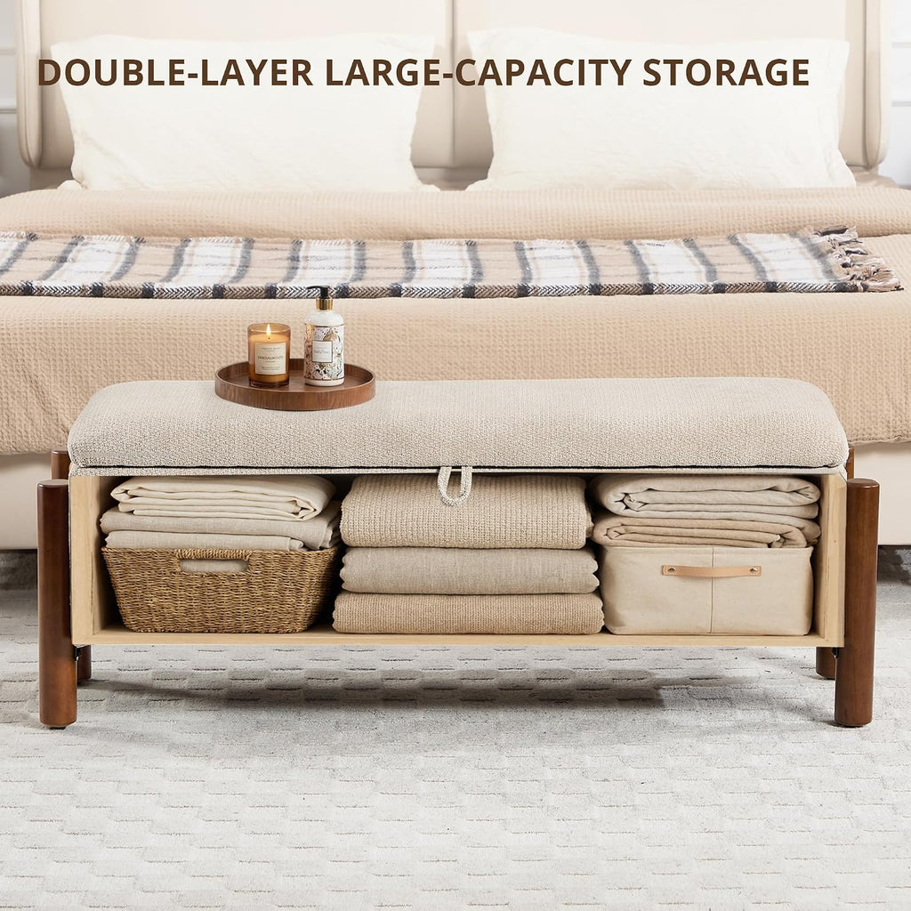 47'' Modern Storage Ottoman Benches with Walnut Wood Legs Ottoman Bench with 22 Gallons Storage Space Fabric Upholstered Seating End of Bed Bench for Bedroom for Livingroom Beige