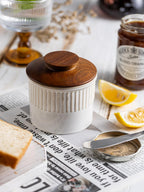 Ceramic Butter Dish With Lid, Butter Crock for Countertop, French Butter Keeper Holder for Spreadable Butter, Classic Stripe, Cream White