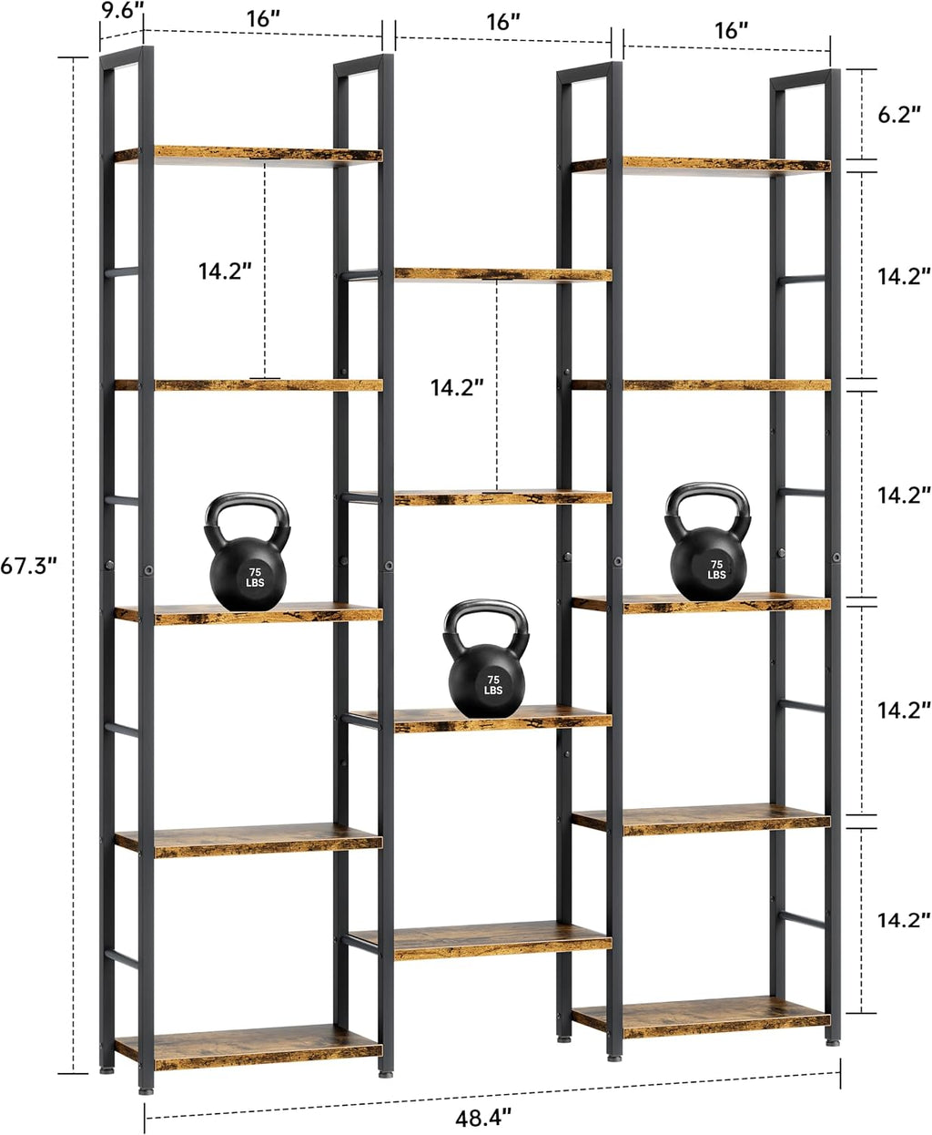 Shintenchi Triple Column 5 Tier Bookshelf, Industrial Large Bookcase Display Shelves, Large Etagere Bookshelf,Wide Book Shelf Book Case for Home & Office, Rustic Brown