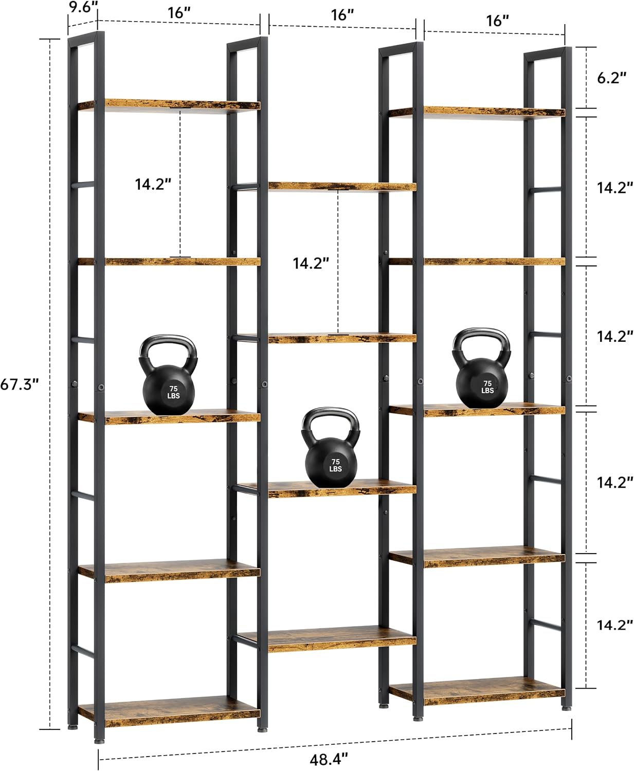 Shintenchi Triple Column 5 Tier Bookshelf, Industrial Large Bookcase Display Shelves, Large Etagere Bookshelf,Wide Book Shelf Book Case for Home & Office, Rustic Brown