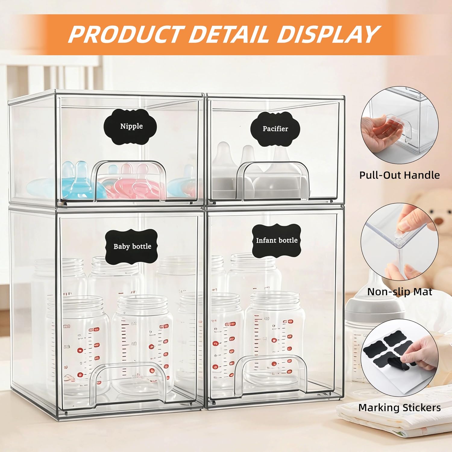Baby Bottle Organizer, 4 Pack Bottle Storage Organizer Baby with Labels, Clear Stackable Storage Drawers for Bottles, Nipples, Pump Parts, Bottle Station Organizers for Countertop and Cabinet
