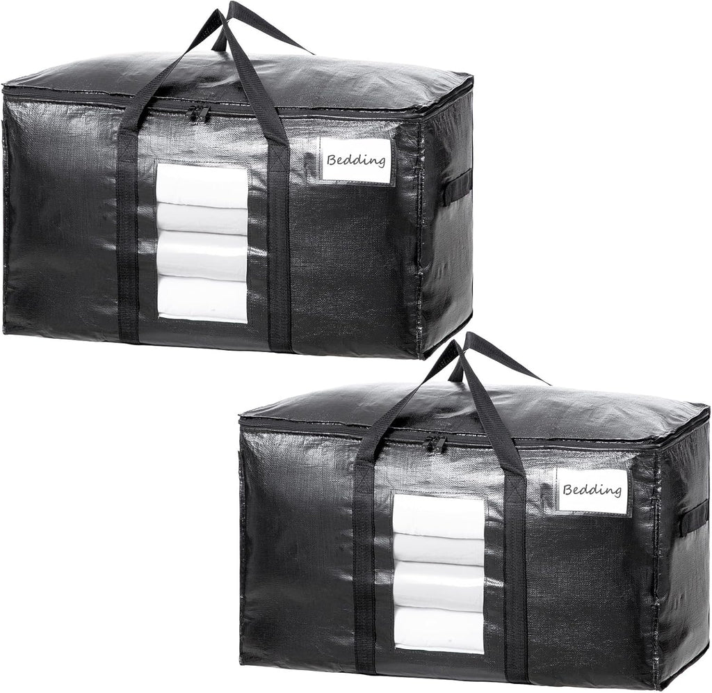 TAILI Extra Large Moving Bags, 2 Pack Black Heavy Duty Totes for Storage with Visible Window, Wrap Around Handles, Storage Bags for Space Saving, Alternative to Moving Boxes
