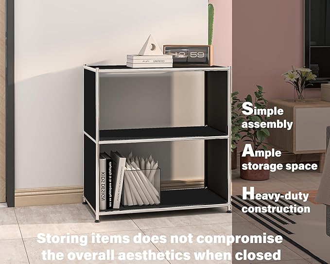 32-Inch 2-Tier Metal Bookcase, Open Shelf Storage Organizer for Living Room, Bedroom, Side Table or Nightstand Use, Modern DIY Assembly, Black