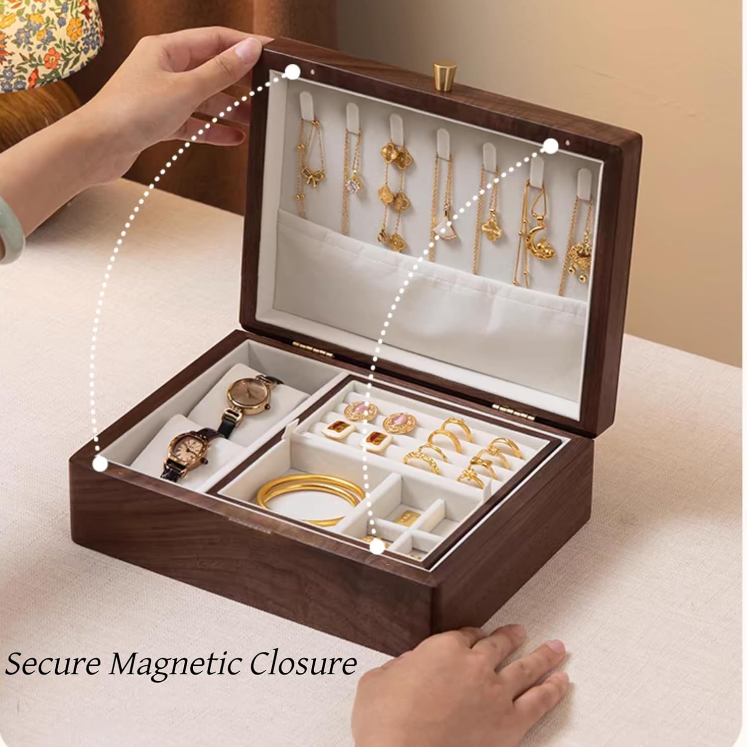 Bescott 2 Layer Solid Black Walnut Wooden Jewelry Box for Women Wood Vintage Organizer for Men Earrings Rings Necklaces Bracelet Watch Storage Mother's Day Gift