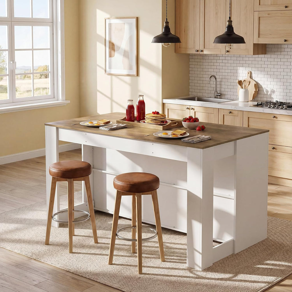 LITTLE TREE 55" Kitchen Island with Storage Shelves | 3-Tier Farmhouse Stationary Island Table with Extra Large Work Surface & Leg Room for Kitchen Dining Room (White and Brown)
