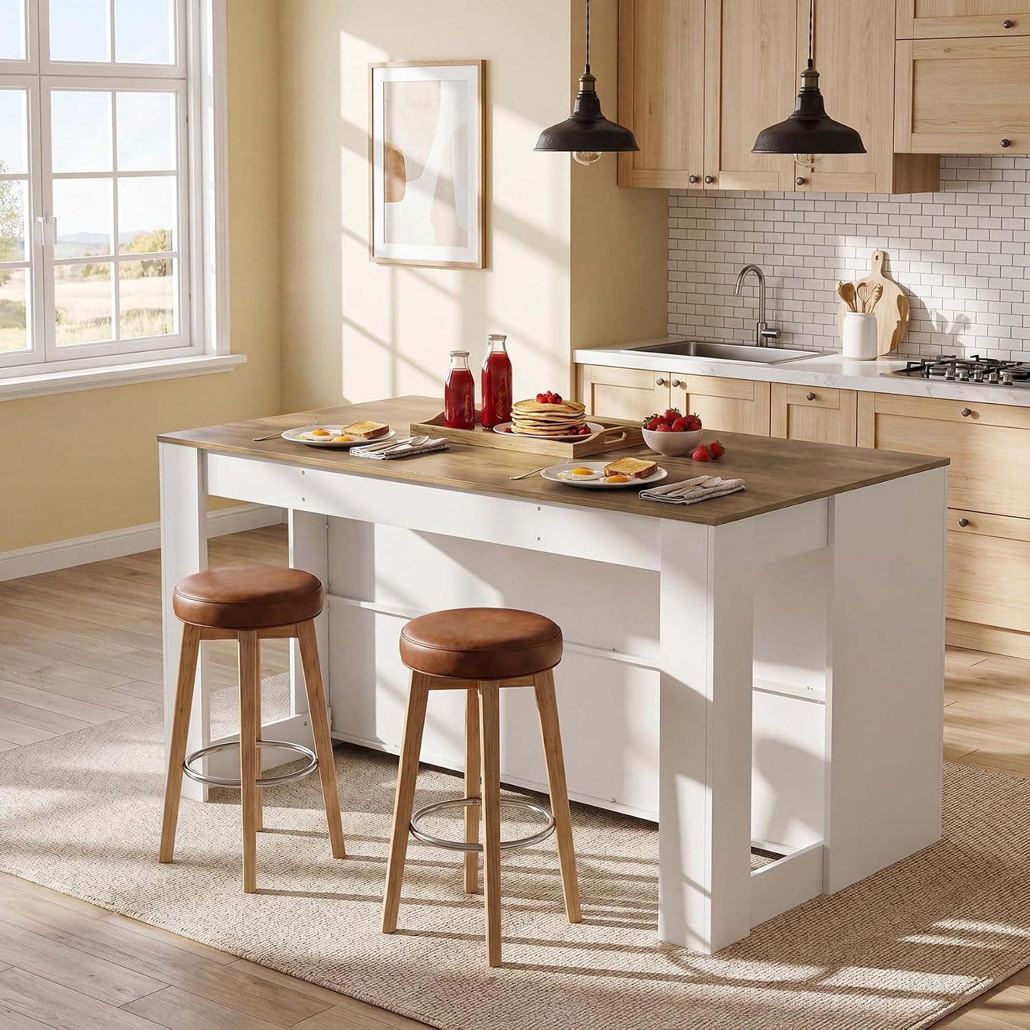 LITTLE TREE 55" Kitchen Island with Storage Shelves | 3-Tier Farmhouse Stationary Island Table with Extra Large Work Surface & Leg Room for Kitchen Dining Room (White and Brown)