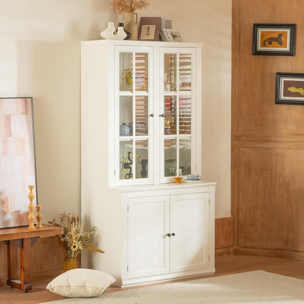 Virubi 75'' Tall China Hutch Cabinet with Glass Doors, Kitchen Pantry...