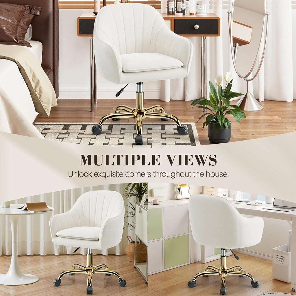 Vanity Chair with Wheels, Comfy Home Office Desk Chairs Adjustable Modern Velvet Makeup Vanity Chairs for Bedroom Living Room-Beige