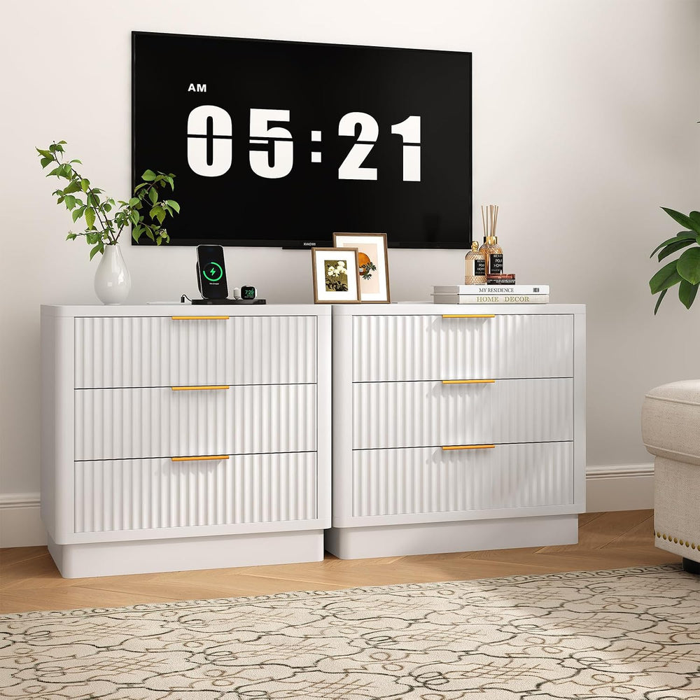 ELYKEN 24'' Nightstand Set of 2, Outlet & 3 Drawers, Fluted Bedsi...