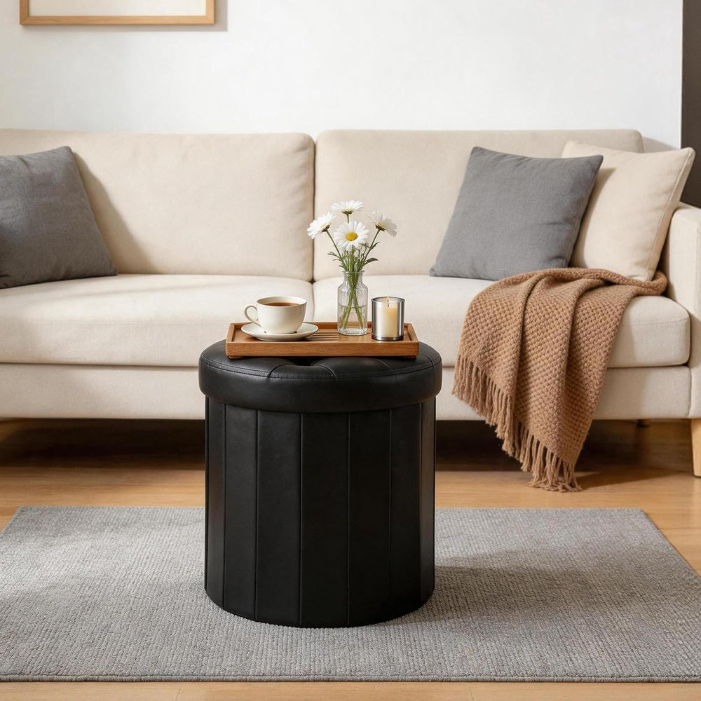 CAROLMADE Round Storage Ottoman, PU Leather Folding Footrest Stool with Thick...