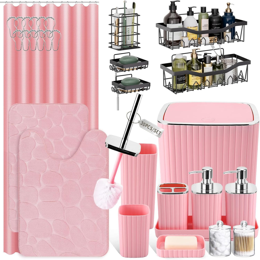 30PC Bathroom Accessories Set - Gorgeous Pink Bathroom Set, Bathroom Accessory Set, Pink Shower Curtain Set with 5PC Shower Caddy