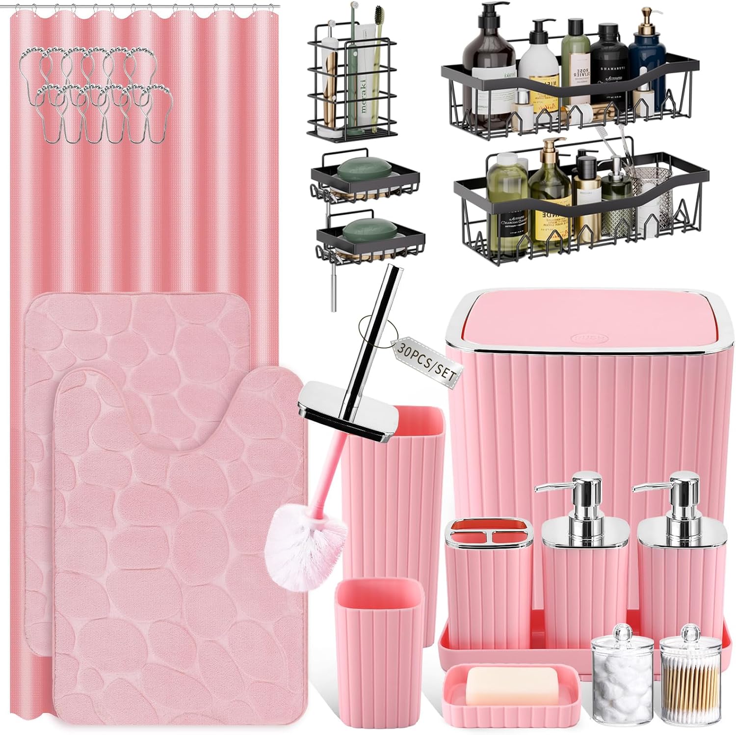 30PC Bathroom Accessories Set - Gorgeous Pink Bathroom Set, Bathroom Accessory Set, Pink Shower Curtain Set with 5PC Shower Caddy